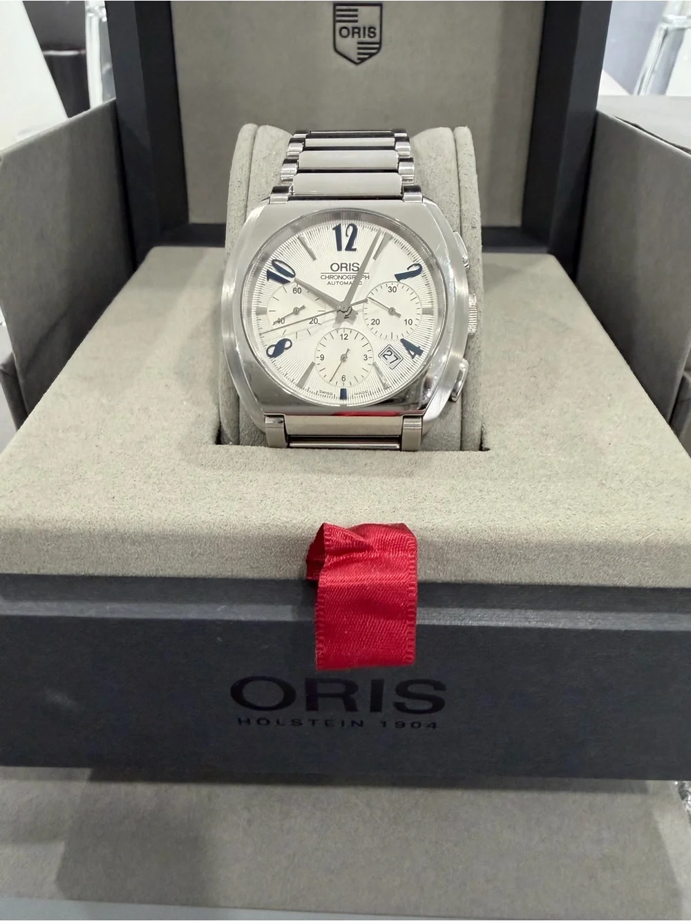 Oris Silver and Blue Automatic Chronograph Wristwatch